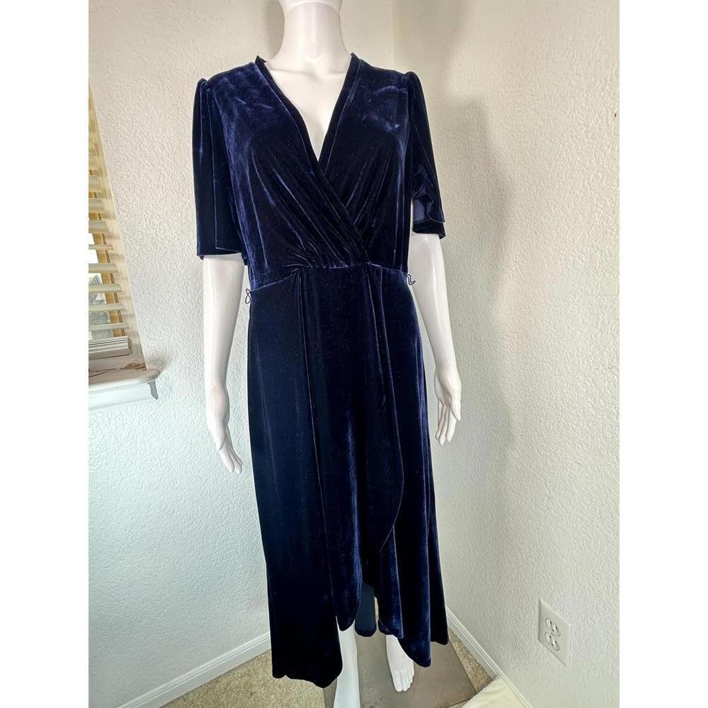 Donna Morgan Sz 12 Navy Blue Velvet Wrap Dress Missing Belt Midi Party Elegant